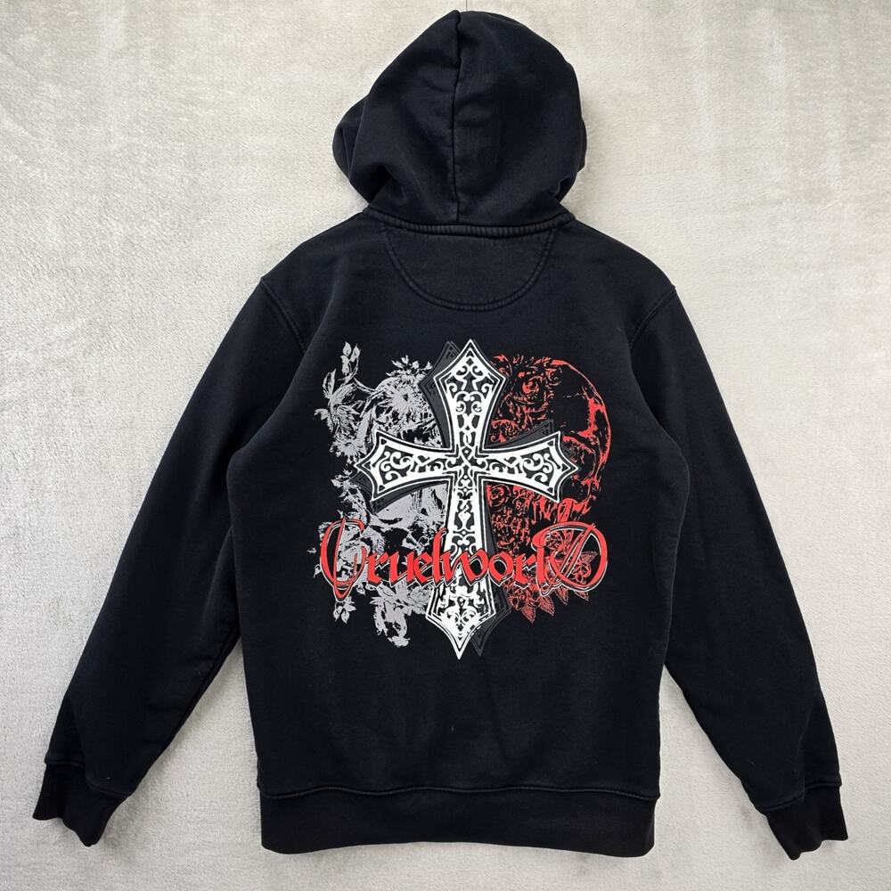 Cruel World Zip Up Hoodie Mens Small Black Cross Y2K Sweatshirt Goth Grunge - Picture 1 of 15